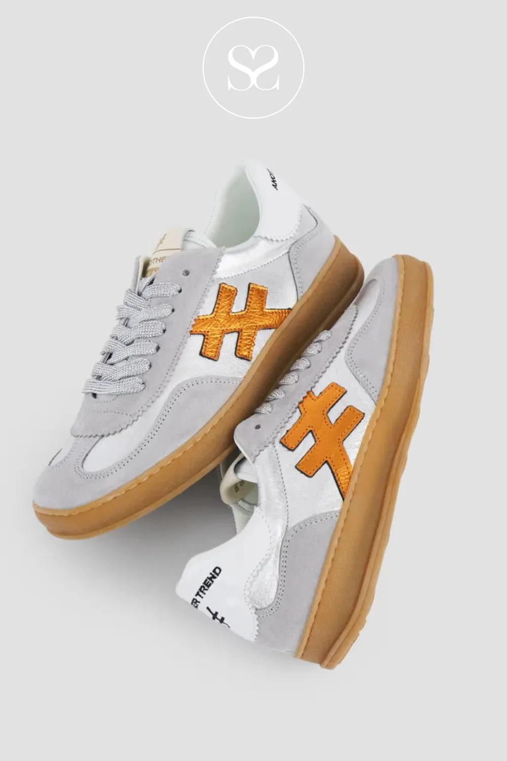 ANOTHER TREND A032 ICONIC GREY AND SILVER/ORANGE LEATHER TRAINER
