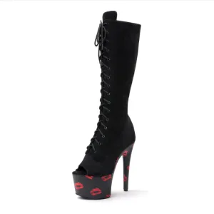 Black High Platform Heel Peep Toe Knee High Boots with Lip Prints