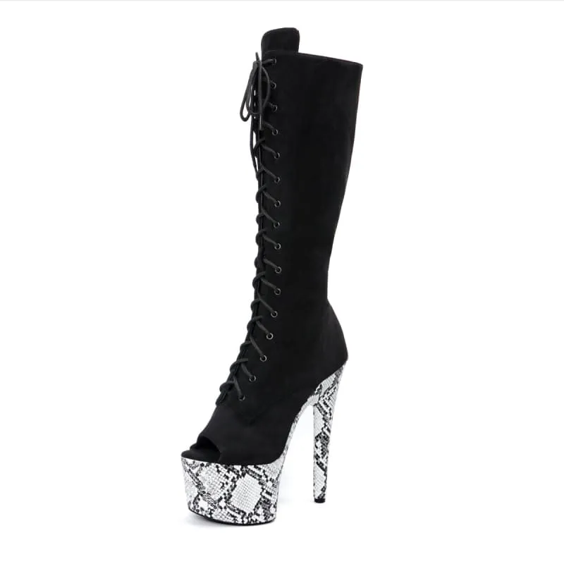 Black High Platform Heel Peep Toe Knee High Boots with Lip Prints