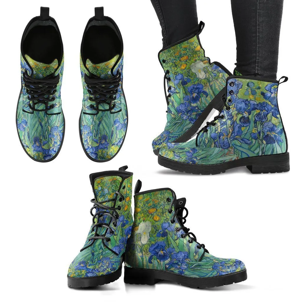 Combat Boots - Vintage Art | Vincent van Gogh: Irises | Custom Shoes, Vegan Leather Lace Up Boots, 90s Boots, 2000s Boots, Cool Shoes