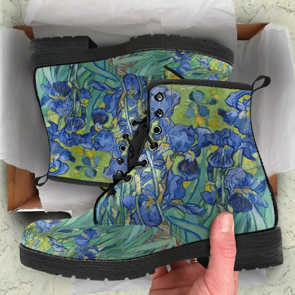 Combat Boots - Vintage Art | Vincent van Gogh: Irises | Custom Shoes, Vegan Leather Lace Up Boots, 90s Boots, 2000s Boots, Cool Shoes
