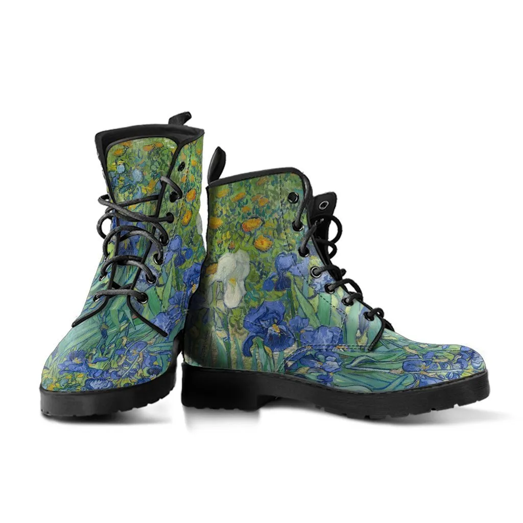 Combat Boots - Vintage Art | Vincent van Gogh: Irises | Custom Shoes, Vegan Leather Lace Up Boots, 90s Boots, 2000s Boots, Cool Shoes