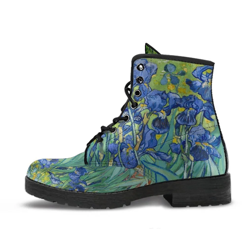 Combat Boots - Vintage Art | Vincent van Gogh: Irises | Custom Shoes, Vegan Leather Lace Up Boots, 90s Boots, 2000s Boots, Cool Shoes