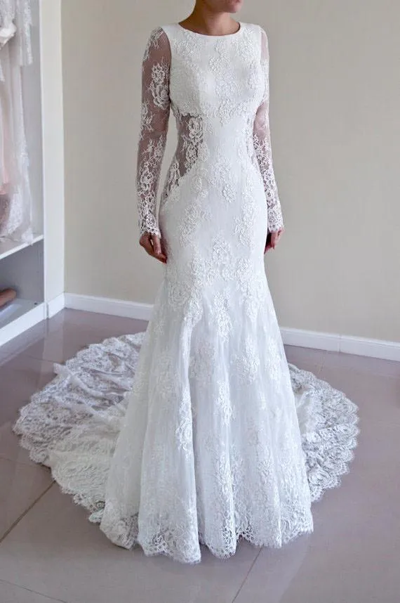 Custom Made Trumpet Mermaid Backless Long Sleeves Lace Wedding Dress PFW0253