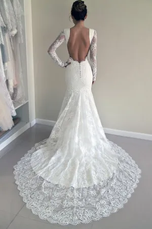 Custom Made Trumpet Mermaid Backless Long Sleeves Lace Wedding Dress PFW0253
