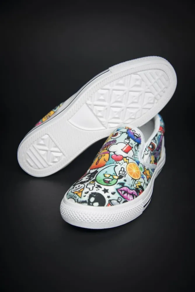 DE Graffiti Print Canvas Ladies Slip On Low-Top