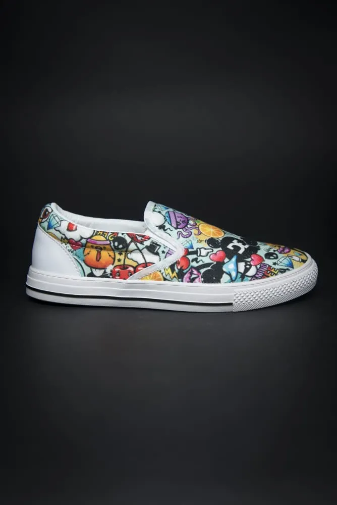DE Graffiti Print Canvas Ladies Slip On Low-Top