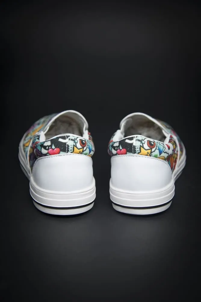 DE Graffiti Print Canvas Ladies Slip On Low-Top