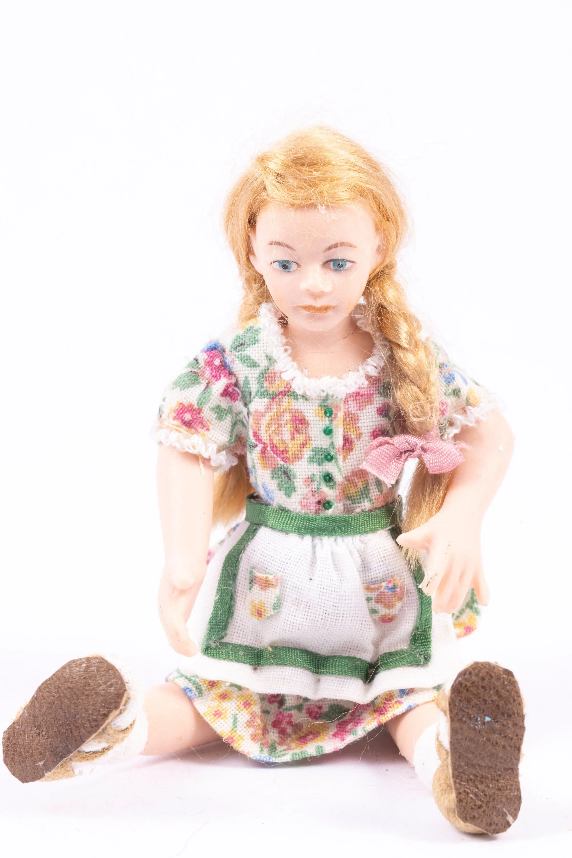Dollhouse Miniature ~ Porcelain Young Girl Doll in Floral Dress with an Apron