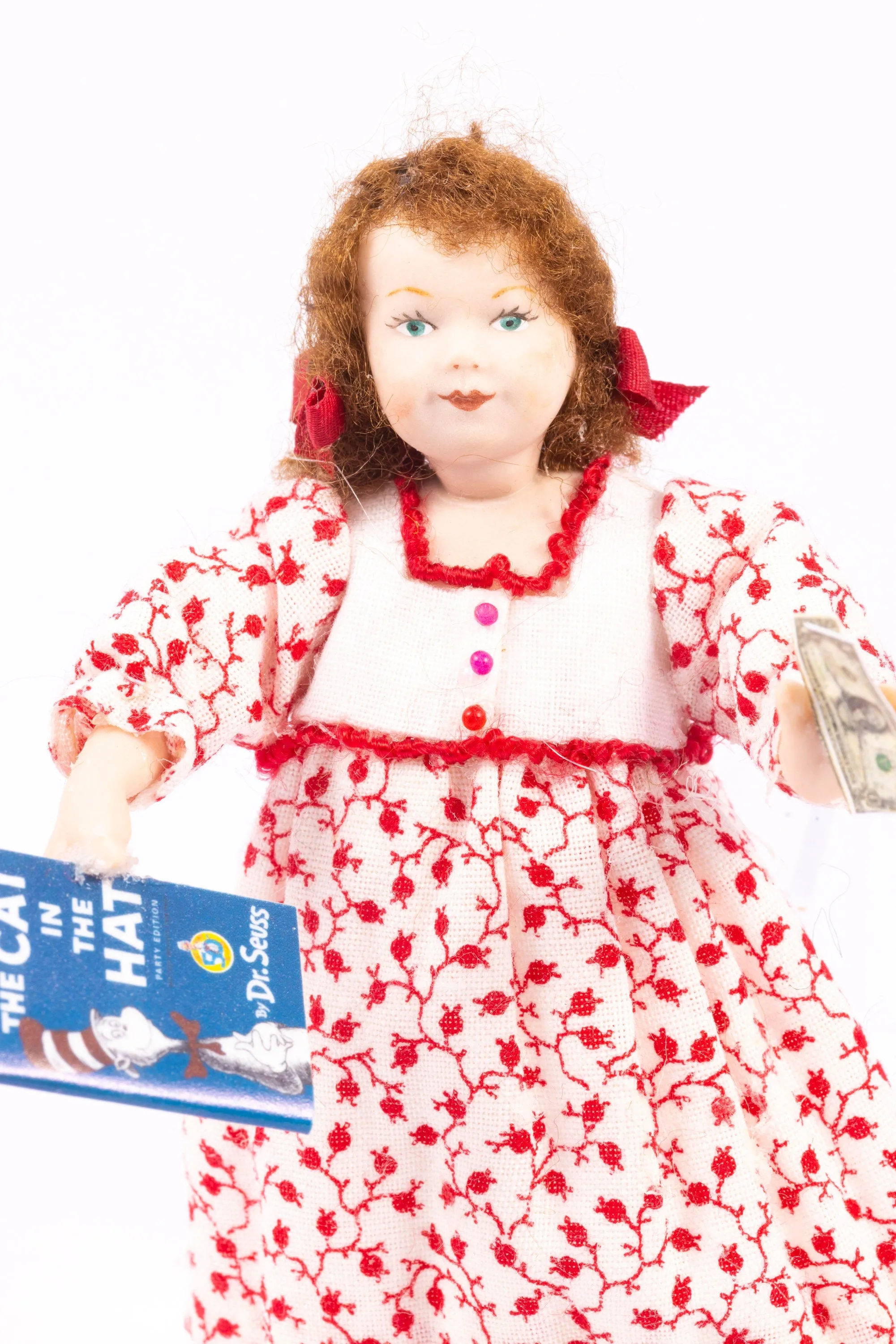 Dollhouse Miniature ~ Porcelain Young Girl Doll in Red Floral Dress with Book