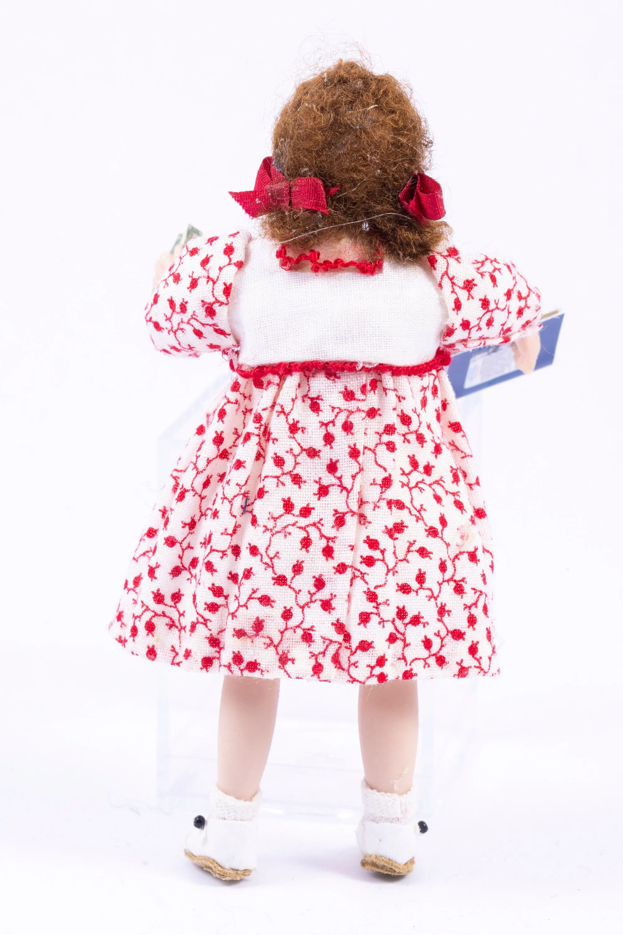 Dollhouse Miniature ~ Porcelain Young Girl Doll in Red Floral Dress with Book