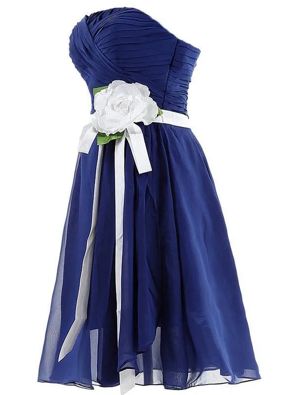 Exquisite  Short Chiffon Royal Bridesmaid Dress With Hand-made Flower  TY0021