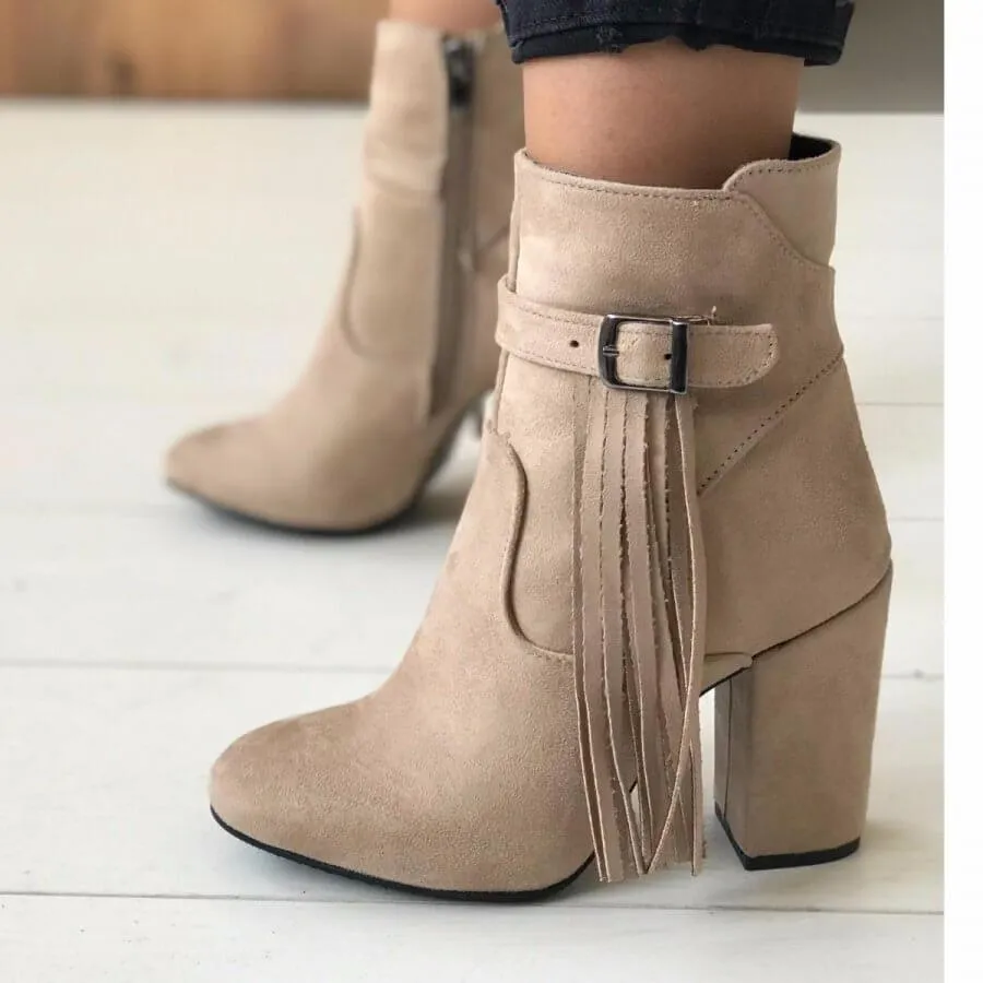 Fringe High Chunky Heel Suede Ankle Boots