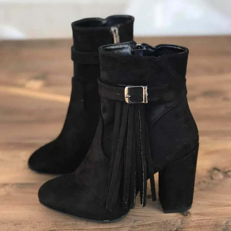 Fringe High Chunky Heel Suede Ankle Boots