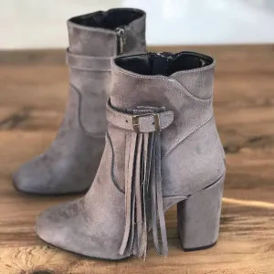 Fringe High Chunky Heel Suede Ankle Boots