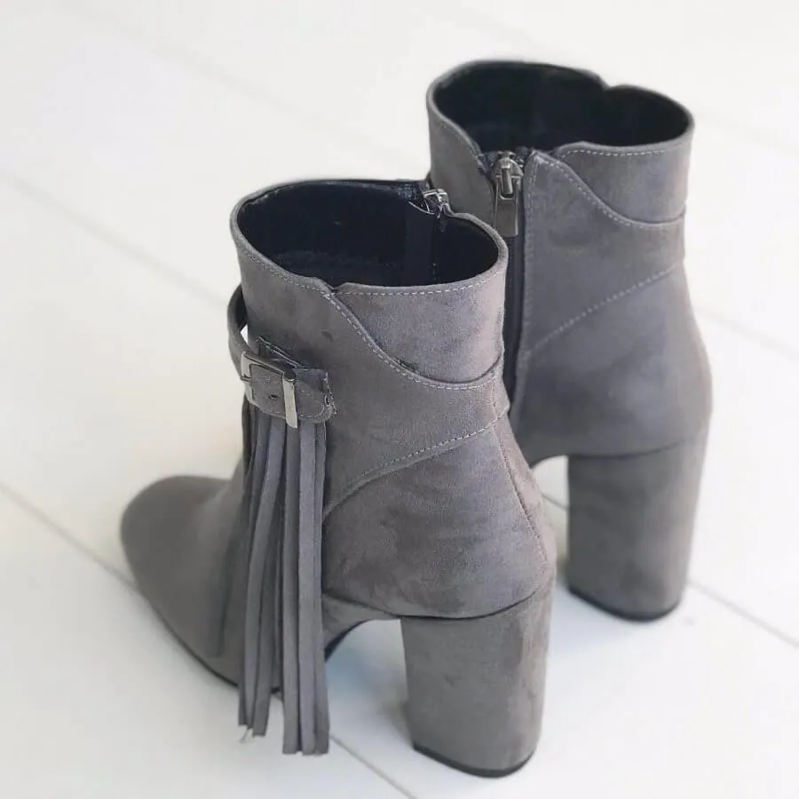 Fringe High Chunky Heel Suede Ankle Boots