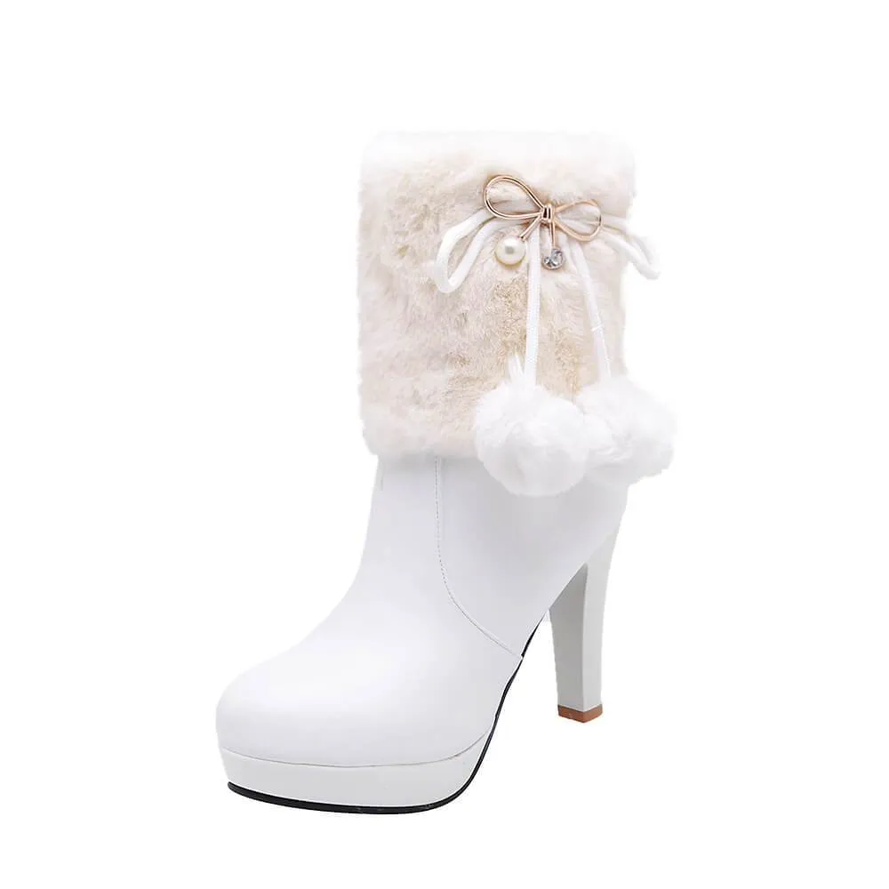Fur Embellished Platform Leather Heel Ankle Boots