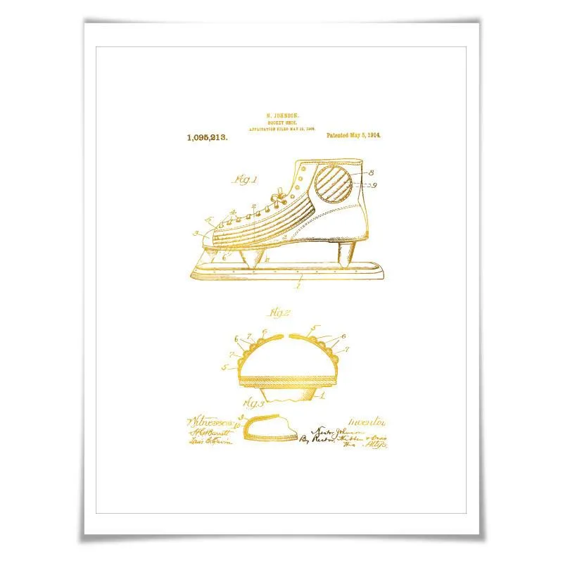 Hockey Skate Gold Foil Patent Illustration. 7 Foil Colours. Sports Poster. Vintage Art Print