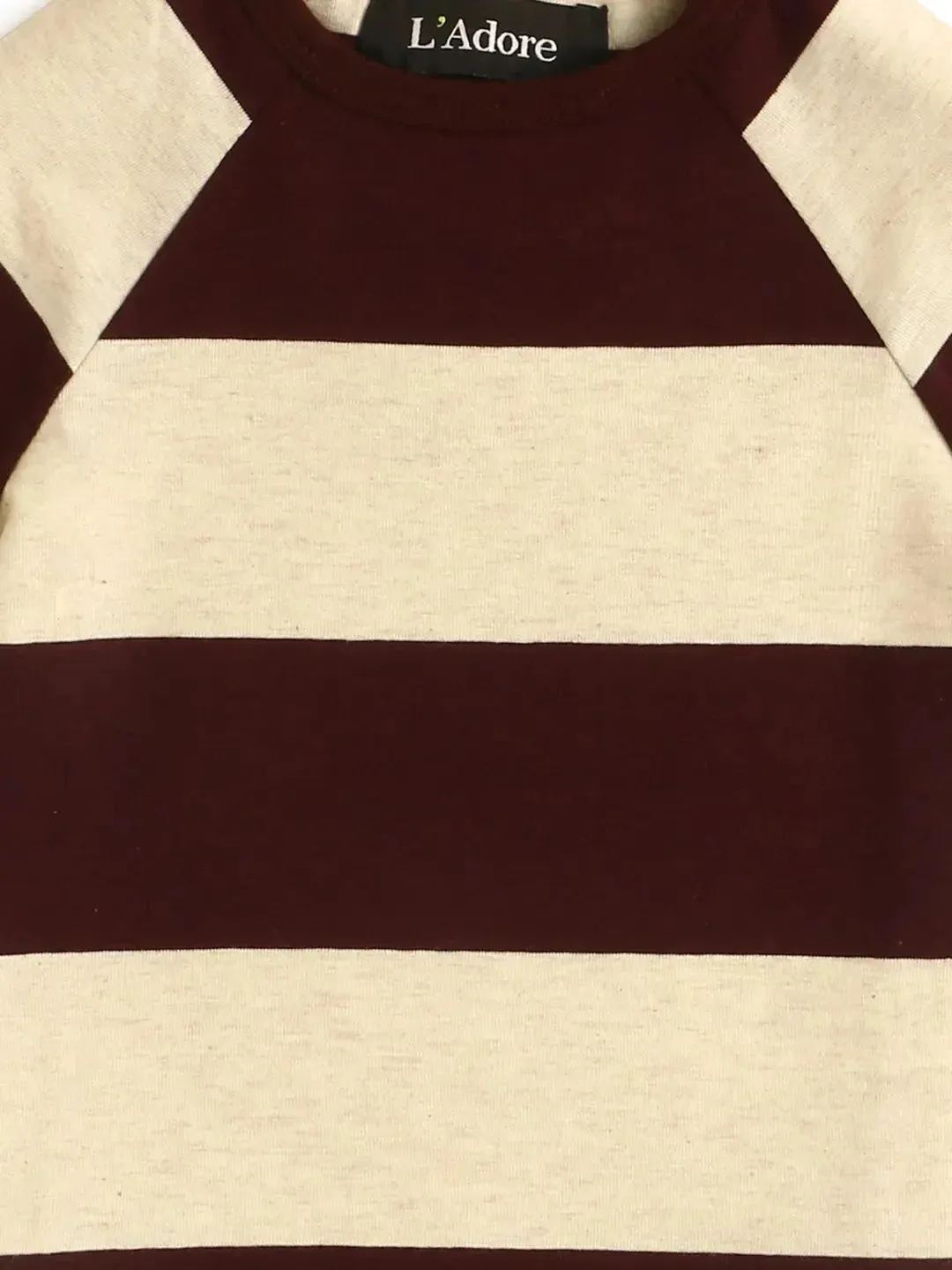 Kids Maroon Striped Round Neck Cotton T-shirt