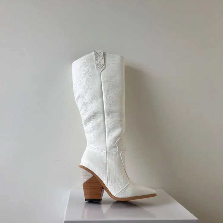 Leather Chunky Heel Point Toe Knee High Boots