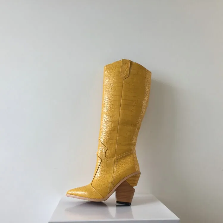 Leather Chunky Heel Point Toe Knee High Boots