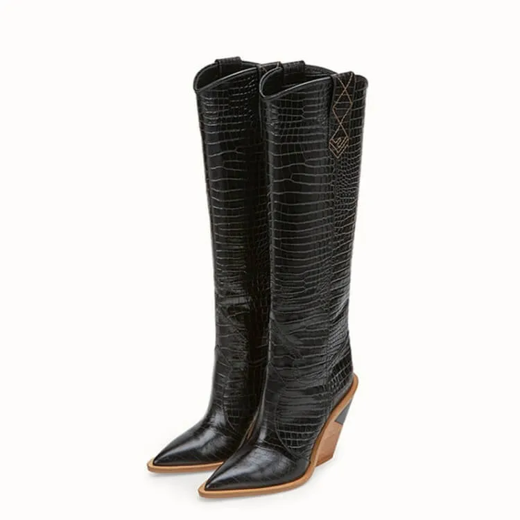 Leather Chunky Heel Point Toe Knee High Boots