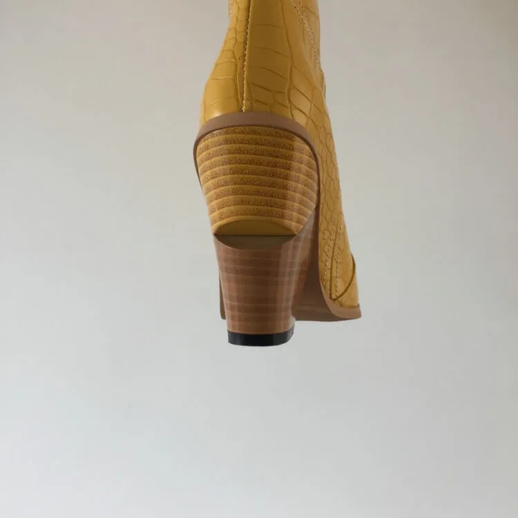 Leather Chunky Heel Point Toe Knee High Boots
