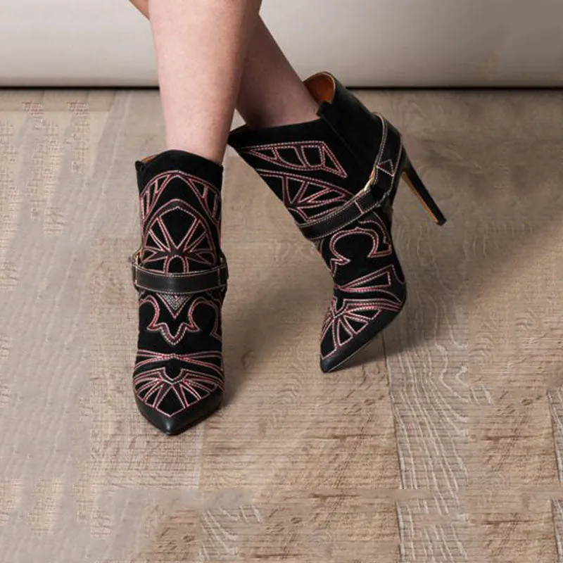 Leather Embroidery Pointed Toe High Heel Ankle Boots