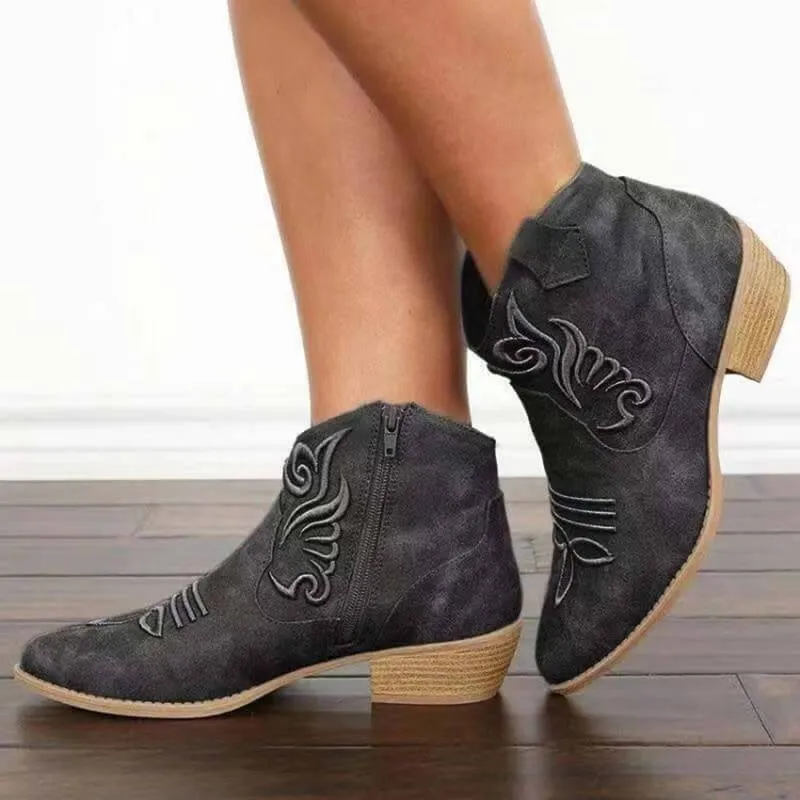 Low Chunky Heel Pointed Toe Embroidery Ankle Boots