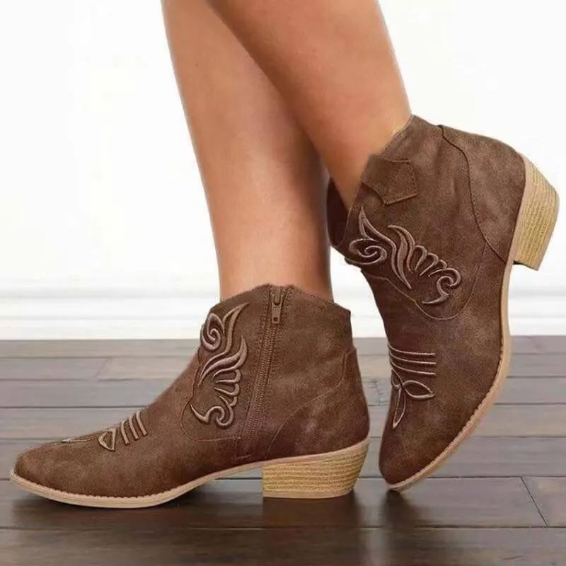 Low Chunky Heel Pointed Toe Embroidery Ankle Boots