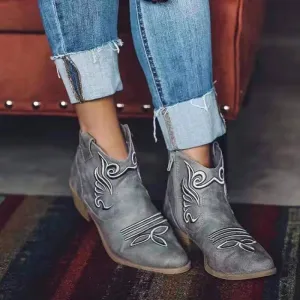 Low Chunky Heel Pointed Toe Embroidery Ankle Boots