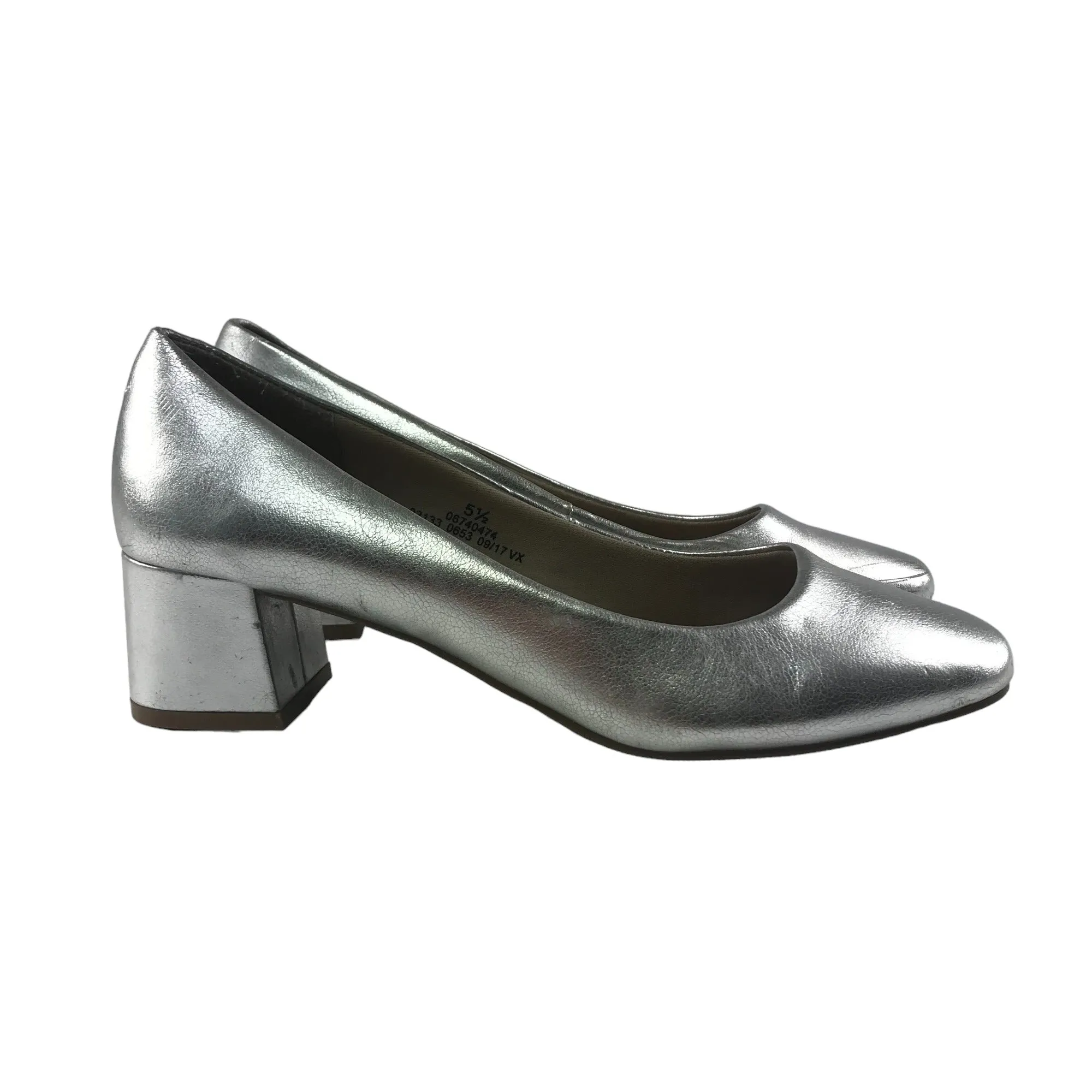 M&S Insolia Low Heel Shoes Shoe Size 5.5 Silver Shiny Hunky Heel