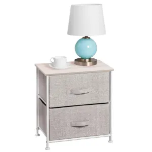 mDesign End Table/Night Stand Storage Tower - Sturdy Steel Frame, Wood Top, Easy Pull Fabric Bins - Organizer Unit for Bedroom, Hallway, Entryway, Closets - Textured Print, 2 Drawers - Linen/Natural