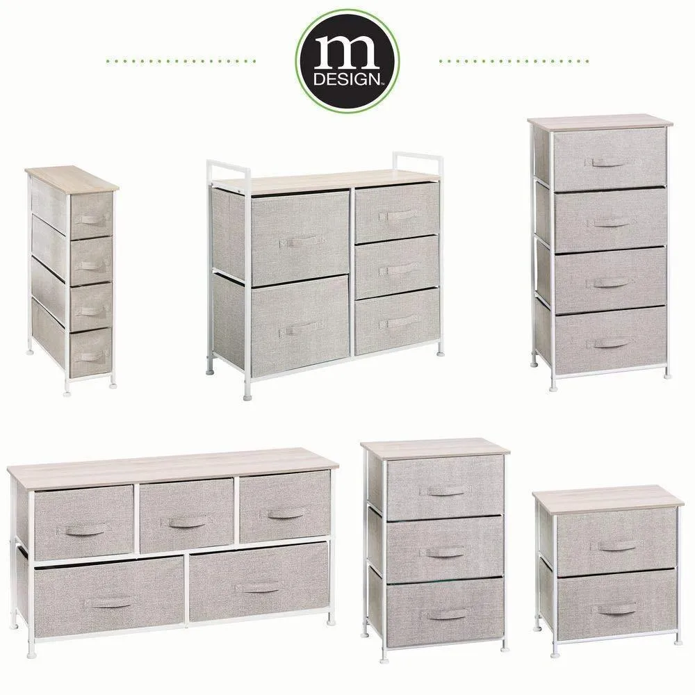 mDesign End Table/Night Stand Storage Tower - Sturdy Steel Frame, Wood Top, Easy Pull Fabric Bins - Organizer Unit for Bedroom, Hallway, Entryway, Closets - Textured Print, 2 Drawers - Linen/Natural