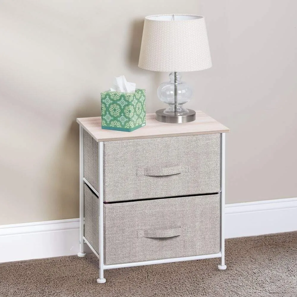 mDesign End Table/Night Stand Storage Tower - Sturdy Steel Frame, Wood Top, Easy Pull Fabric Bins - Organizer Unit for Bedroom, Hallway, Entryway, Closets - Textured Print, 2 Drawers - Linen/Natural