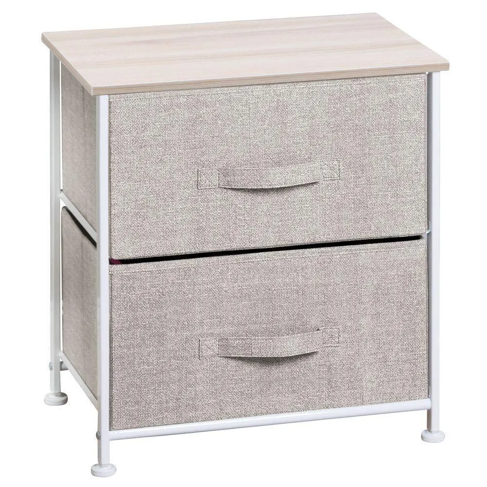 mDesign End Table/Night Stand Storage Tower - Sturdy Steel Frame, Wood Top, Easy Pull Fabric Bins - Organizer Unit for Bedroom, Hallway, Entryway, Closets - Textured Print, 2 Drawers - Linen/Natural