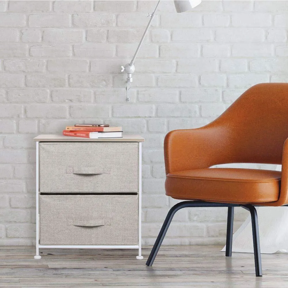 mDesign End Table/Night Stand Storage Tower - Sturdy Steel Frame, Wood Top, Easy Pull Fabric Bins - Organizer Unit for Bedroom, Hallway, Entryway, Closets - Textured Print, 2 Drawers - Linen/Natural