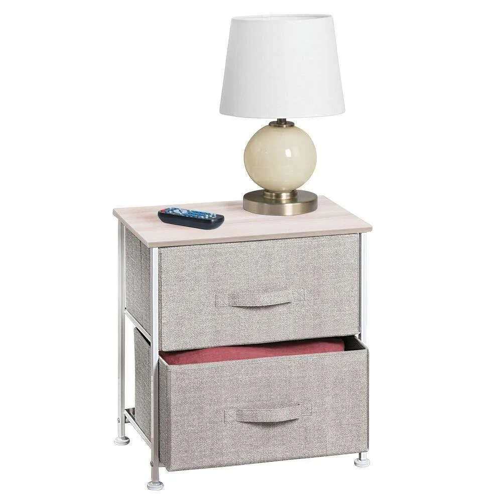 mDesign End Table/Night Stand Storage Tower - Sturdy Steel Frame, Wood Top, Easy Pull Fabric Bins - Organizer Unit for Bedroom, Hallway, Entryway, Closets - Textured Print, 2 Drawers - Linen/Natural