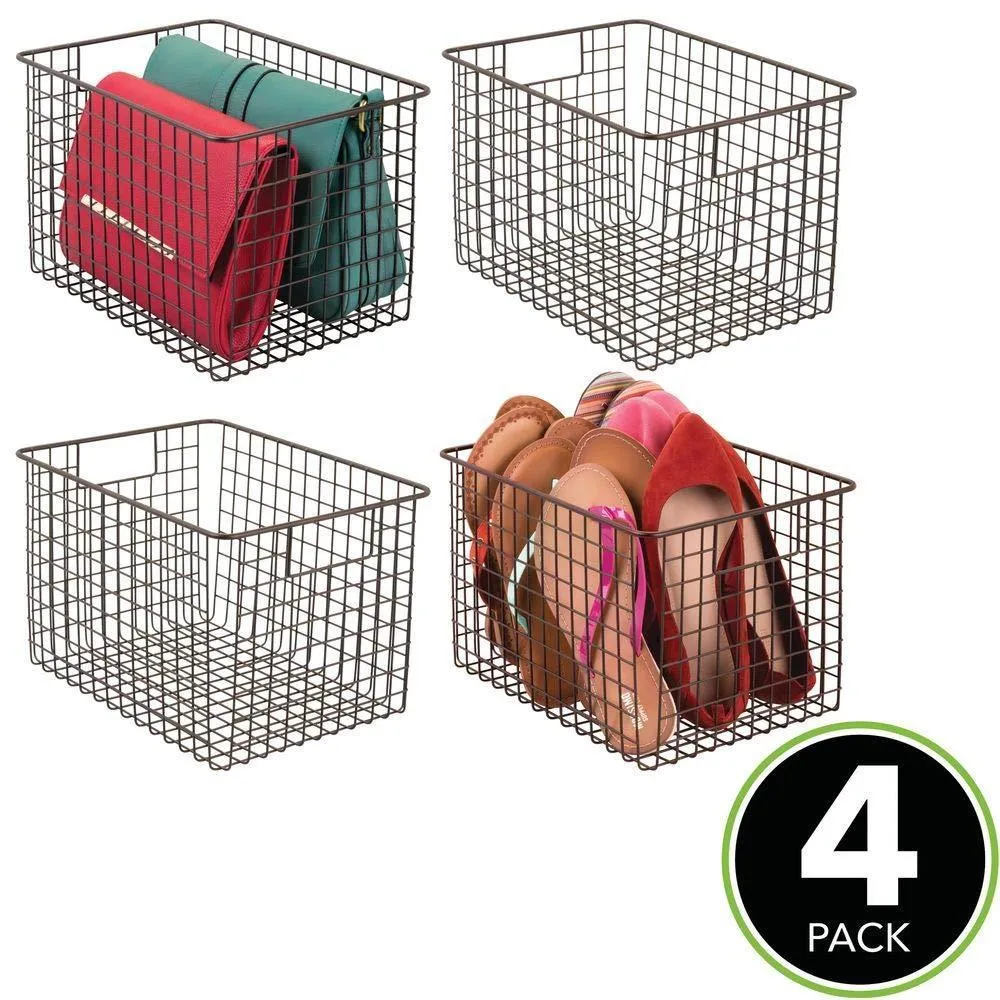 mDesign Large Farmhouse Deco Metal Wire Storage Organizer Basket Bin with Handles for Organizing Closets, Shelves and Cabinets in Bedrooms, Bathrooms, Entryways, Hallways - 8" High, 4 Pack - Bronze