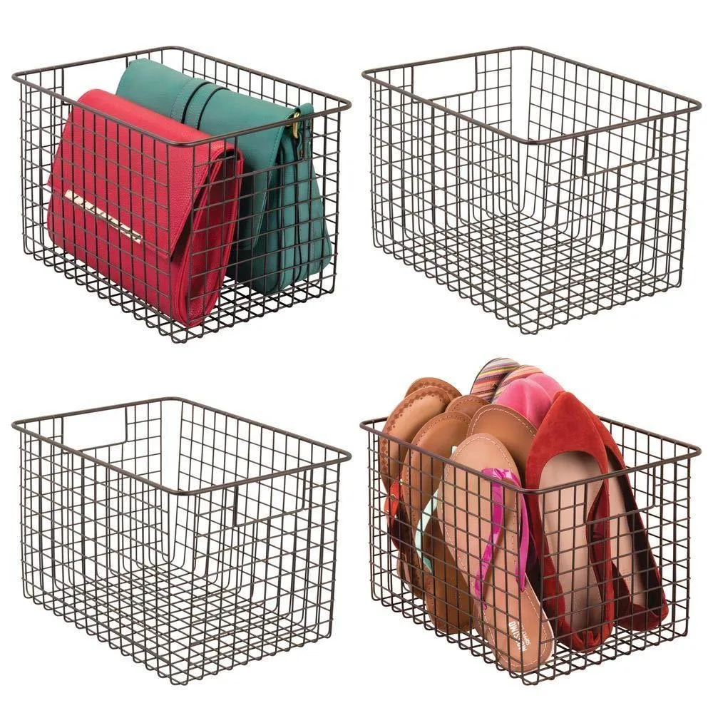 mDesign Large Farmhouse Deco Metal Wire Storage Organizer Basket Bin with Handles for Organizing Closets, Shelves and Cabinets in Bedrooms, Bathrooms, Entryways, Hallways - 8" High, 4 Pack - Bronze