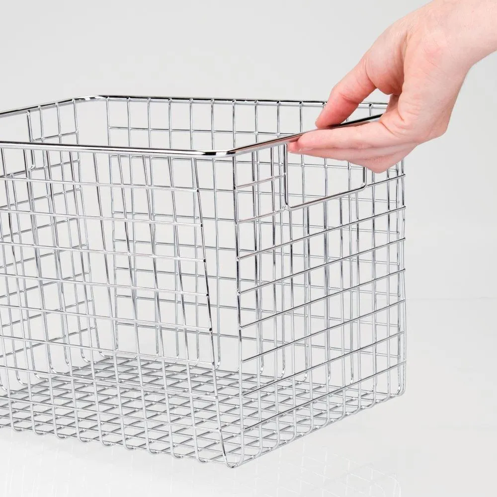 mDesign Large Farmhouse Decorative Metal Wire Storage Basket Bin with Handles for Organizing Closets, Shelves and Cabinets in Bedrooms, Bathrooms, Entryways and Hallways - 8" High, 4 Pack - Chrome