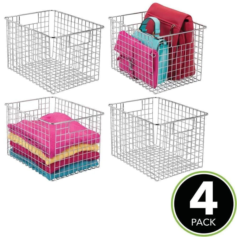 mDesign Large Farmhouse Decorative Metal Wire Storage Basket Bin with Handles for Organizing Closets, Shelves and Cabinets in Bedrooms, Bathrooms, Entryways and Hallways - 8" High, 4 Pack - Chrome