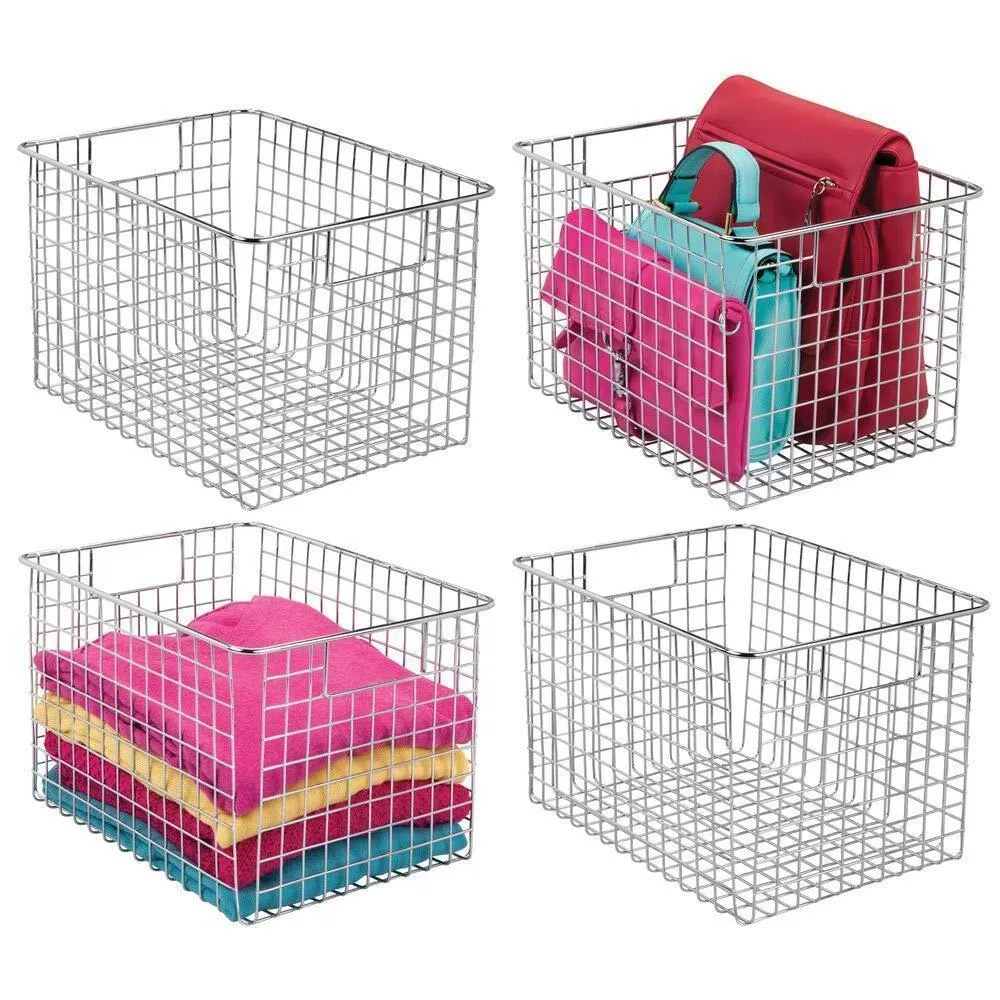 mDesign Large Farmhouse Decorative Metal Wire Storage Basket Bin with Handles for Organizing Closets, Shelves and Cabinets in Bedrooms, Bathrooms, Entryways and Hallways - 8" High, 4 Pack - Chrome