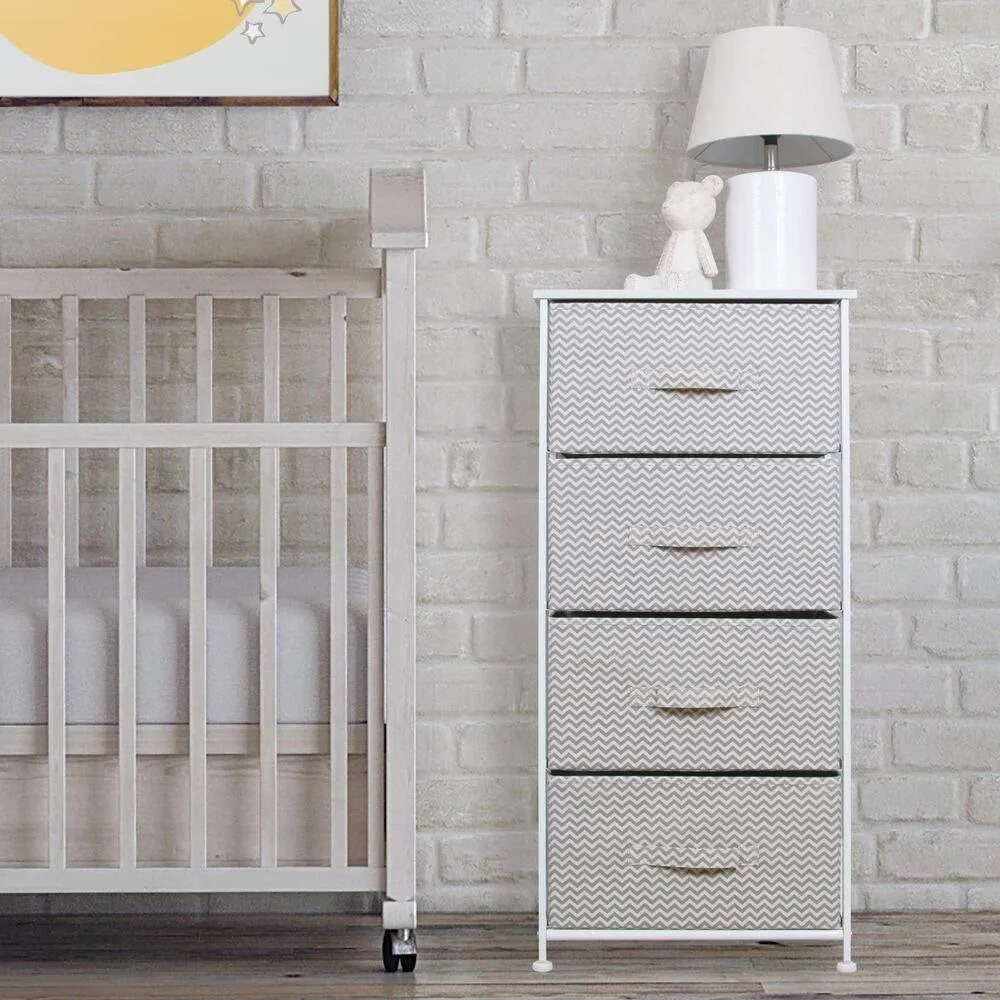 mDesign Vertical Furniture Storage Tower - Sturdy Steel Frame, Wood Top, Easy Pull Fabric Bins - Organizer Unit for Bedroom, Hallway, Entryway, Closets - Chevron Zig-Zag Print - 4 Drawers - Taupe