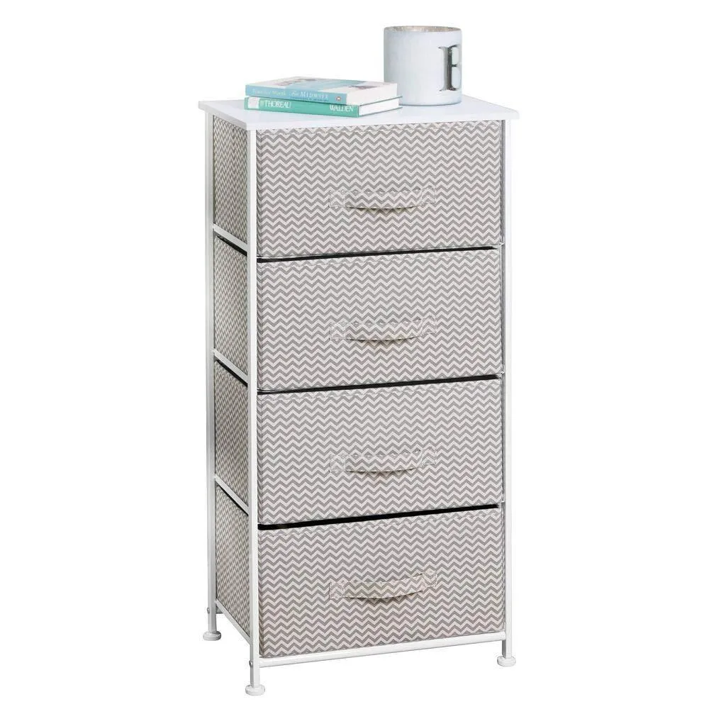 mDesign Vertical Furniture Storage Tower - Sturdy Steel Frame, Wood Top, Easy Pull Fabric Bins - Organizer Unit for Bedroom, Hallway, Entryway, Closets - Chevron Zig-Zag Print - 4 Drawers - Taupe
