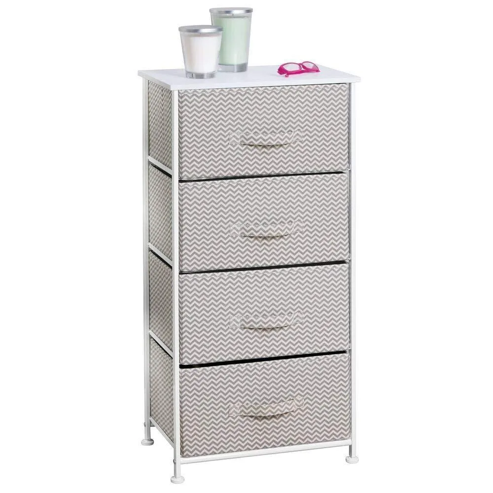 mDesign Vertical Furniture Storage Tower - Sturdy Steel Frame, Wood Top, Easy Pull Fabric Bins - Organizer Unit for Bedroom, Hallway, Entryway, Closets - Chevron Zig-Zag Print - 4 Drawers - Taupe