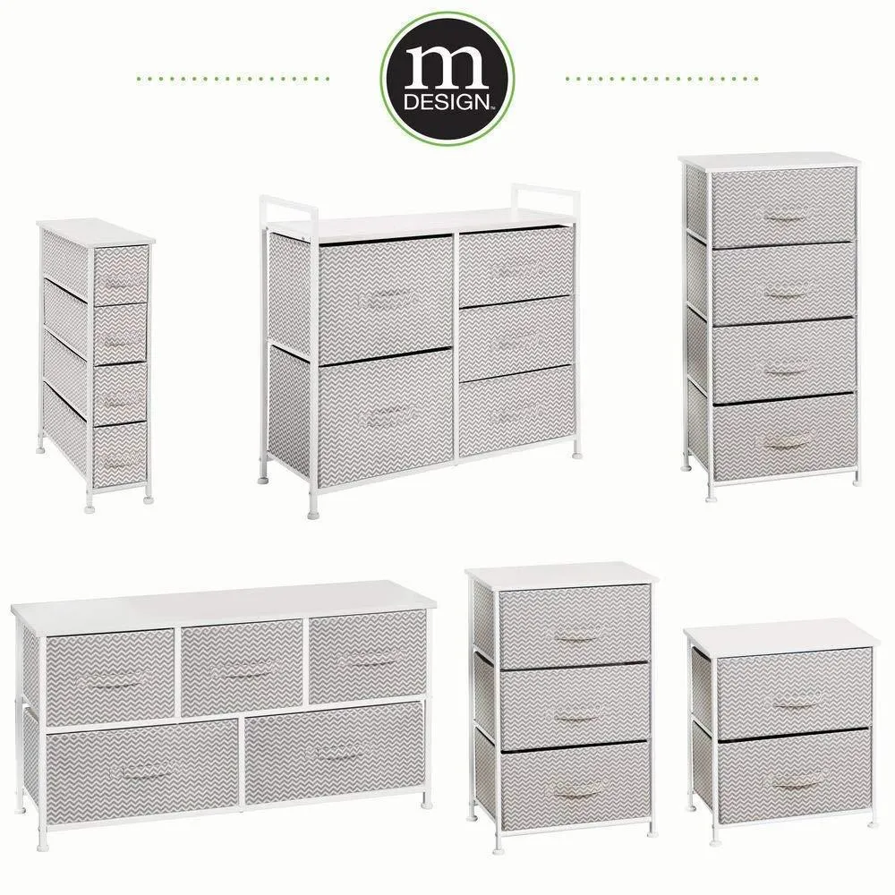 mDesign Vertical Furniture Storage Tower - Sturdy Steel Frame, Wood Top, Easy Pull Fabric Bins - Organizer Unit for Bedroom, Hallway, Entryway, Closets - Chevron Zig-Zag Print - 4 Drawers - Taupe
