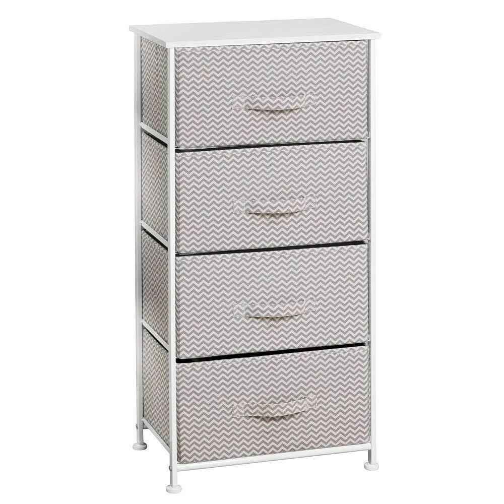 mDesign Vertical Furniture Storage Tower - Sturdy Steel Frame, Wood Top, Easy Pull Fabric Bins - Organizer Unit for Bedroom, Hallway, Entryway, Closets - Chevron Zig-Zag Print - 4 Drawers - Taupe