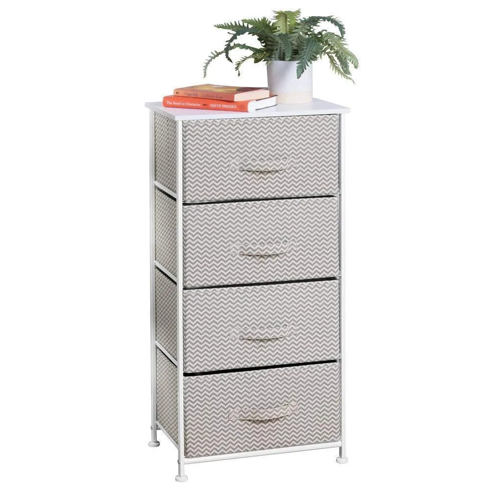 mDesign Vertical Furniture Storage Tower - Sturdy Steel Frame, Wood Top, Easy Pull Fabric Bins - Organizer Unit for Bedroom, Hallway, Entryway, Closets - Chevron Zig-Zag Print - 4 Drawers - Taupe