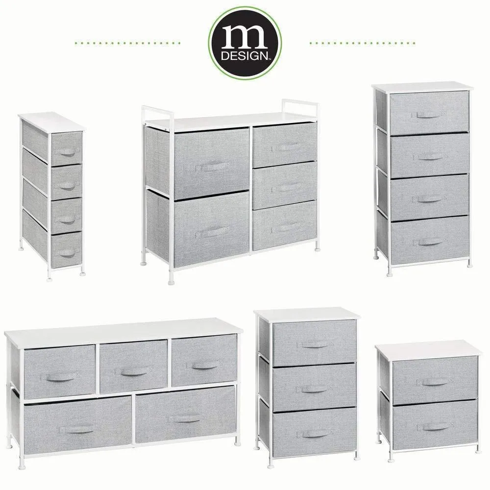 mDesign Vertical Furniture Storage Tower - Sturdy Steel Frame, Wood Top, Easy Pull Fabric Bins - Organizer Unit for Bedroom, Hallway, Entryway, Closets - Textured Print - 4 Drawers - Gray/White